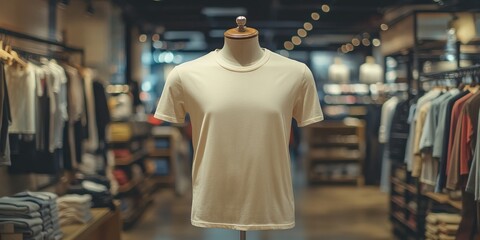 Modern Clothing Store Display: White T-Shirt Mannequin with Shirts