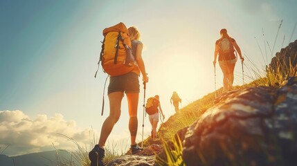 Friends Hiking Up Mountain Trail on Sunny Day Outdoor Adventure, Exercise, Reaching the Summit