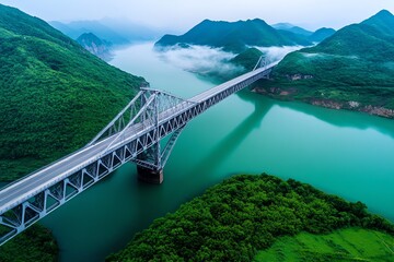 Fototapeta premium Grey steel bridge, stretching across a wide river, disappearing into the fog