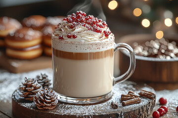 A chic cafe with a holiday-themed menu, including Christmas-inspired latte art and gourmet seasonal pastries. Concept of modern festive dining.