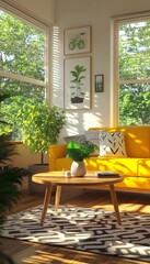 Obraz premium Sunny Living Room Interior with Yellow Sofa, Houseplants, and Coffee Table in Bohemian Style