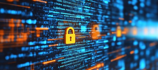Glowing Padlock Icon On Digital Screen With Binary Code, Cybersecurity And Data Protection Concept.