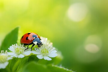 Close up of ladybug on white flower with green blurry background