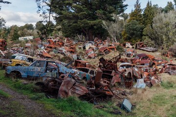Abandoned and rusted classic cars  in the The historical Horopito Motor Wreckers - Smash Palace,...