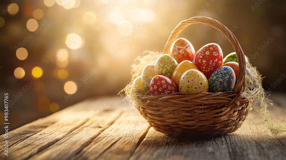 Canvas Prints colorful easter eggs in a rustic basket with soft background glow