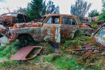 Abandoned and rusted classic cars  in the The historical Horopito Motor Wreckers - Smash Palace,...