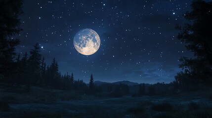 Full moon shining over a dark forest landscape with twinkling stars.