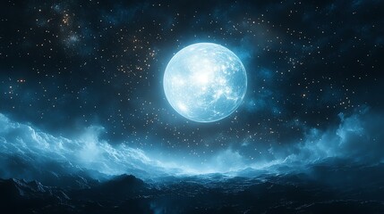 Fototapeta premium A full moon shines bright in a night sky filled with stars, illuminating an alien landscape.