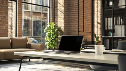 A laptop computer is sitting on a white desk in a modern office with a brick wall. - Powered by Adobe