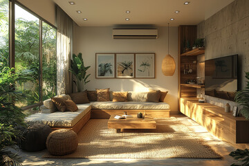 A small, well-lit studio apartment with minimal furniture and open spaces. Concept of efficient living.