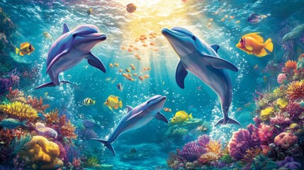 Fototapeta premium Vibrant Underwater Scene with Dolphins and Coral Reef