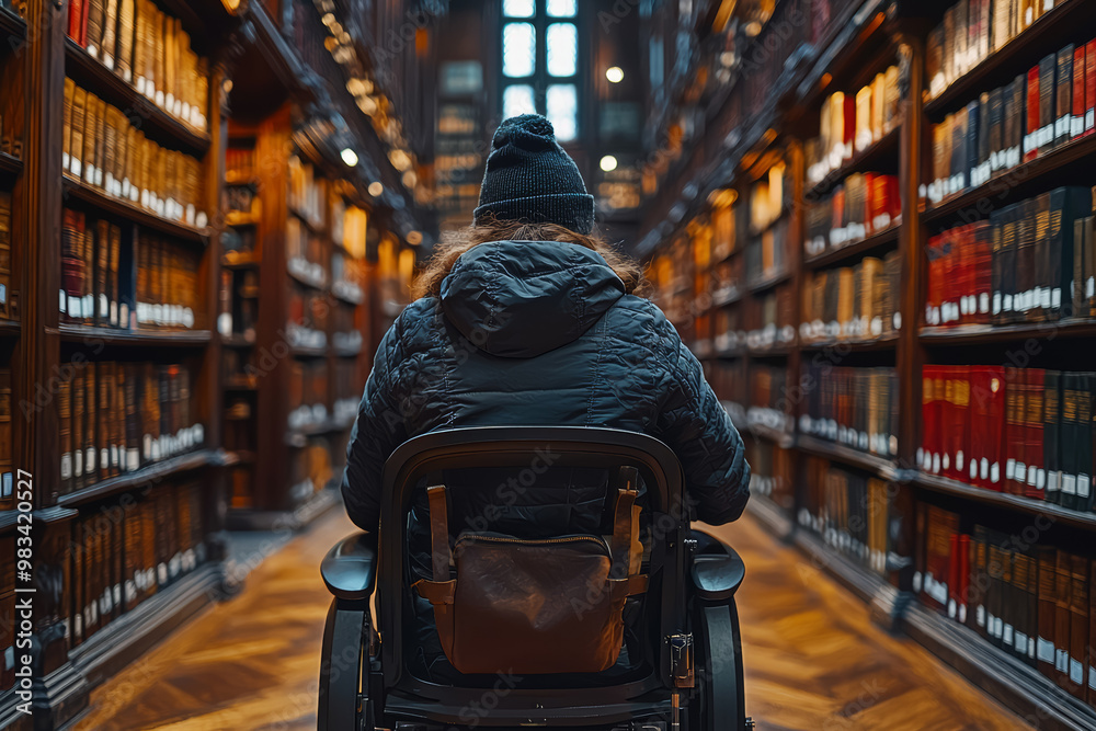 Poster a person with a visual impairment using adaptive technology in a library. concept of accessibility a
