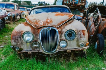 Abandoned and rusted classic cars  in the The historical Horopito Motor Wreckers - Smash Palace,...