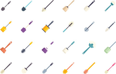 This illustration presents a diverse set of toilet brushes, showcasing various designs and colors for maintaining bathroom cleanliness