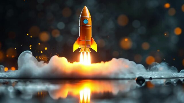 A vibrant rocket lifts off with bright flames and smoke, illuminating the dark surroundings with colorful sparks in a nighttime launch.