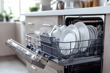 Dishwasher inside beautiful kitchen with white used dishes that prepared to wash