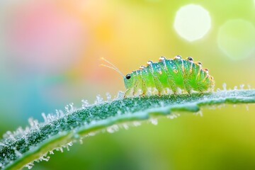 Naklejka premium Macro Photography of Green Caterpillar on Leaf with Dew Drops