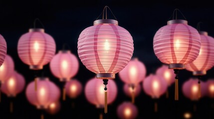 Pink lanterns floating in the air for breast cancer awareness night selective focus - Symbolizing hope rising - surreal - Double exposure - Night sky backdrop