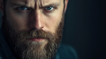 Obraz premium Close-up of a man with a beard staring intently into the camera.