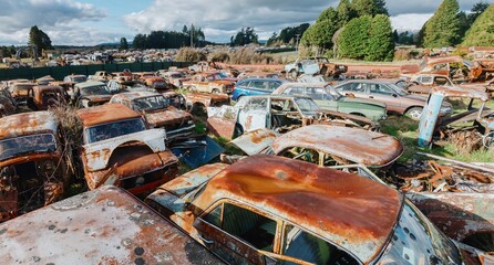 Abandoned and rusted classic cars  in the The historical Horopito Motor Wreckers - Smash Palace,...