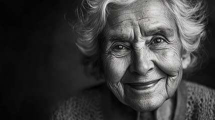 A close-up portrait of an elderly woman smiling, with wrinkles on her face and white hair.