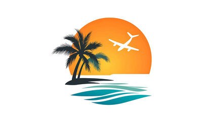 Obraz premium A stylized logo with palm trees, a sunset and an airplane, perfect for a travel agency.