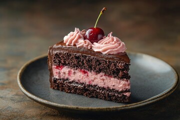 Chocolate Cake Slice with Cherry and Pink Frosting