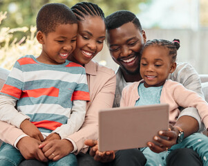 Black family, tablet and watching movies in home, relax and online streaming for funny cartoon. People, parents and kids in embrace for subscription to series, bonding and together for couch film