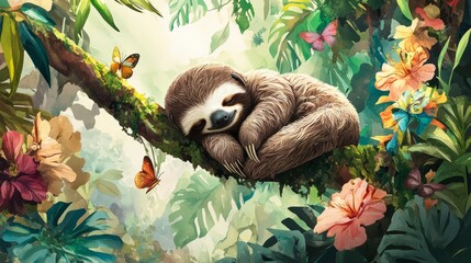 Obraz premium Sleeping Sloth in a Tropical Paradise with Butterflies