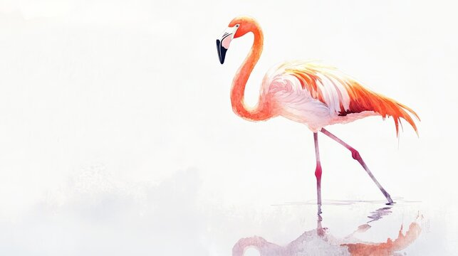 Graceful Flamingo Walking Across a Soft Reflection
