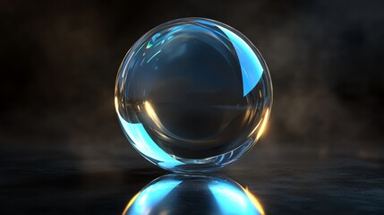 A shiny, blue and gold crystal ball sits on a dark, reflective surface.