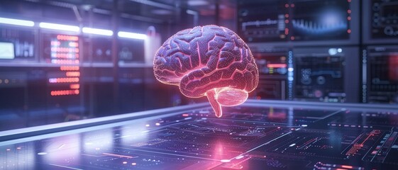 A futuristic digital brain floats above a high-tech interface, symbolizing artificial intelligence and advanced technology in a sleek environment.