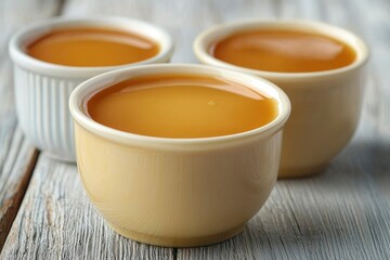 Three White Bowls Filled with Golden Liquid on Wooden Table