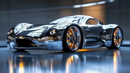 A sleek, futuristic sports car with a chrome finish,  reflecting its surroundings.