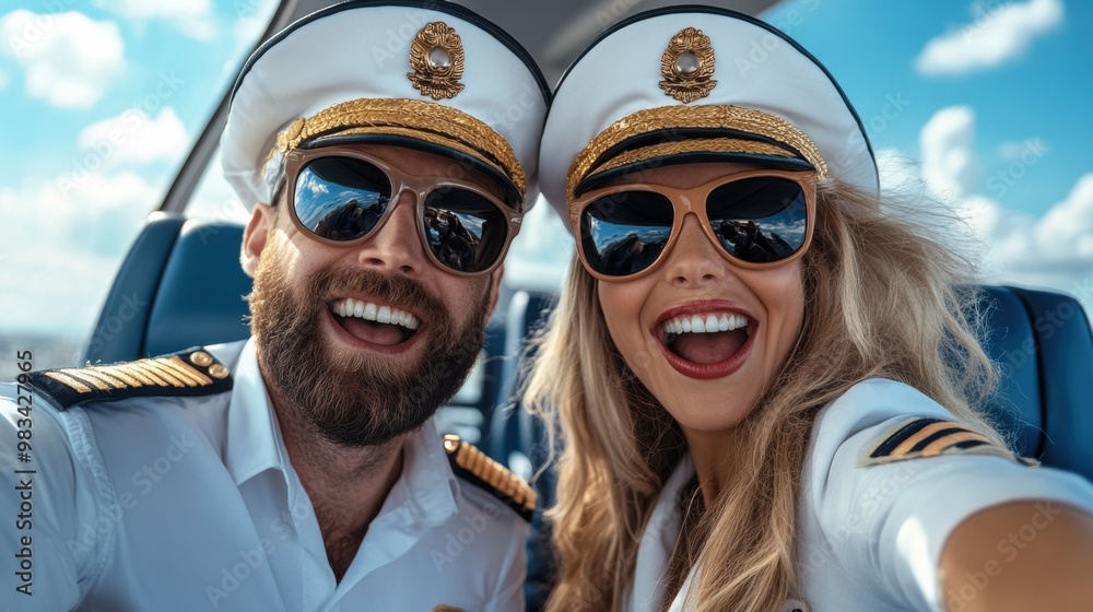 Sticker A man and woman in uniform taking a selfie on the plane, AI