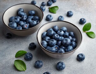 Two ceramic bowls filled with fresh blueberries