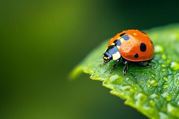 Fototapeta premium Ladybug on a Green Leaf with Water Drops