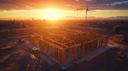 Sunset Over Construction Site Framing a New Home