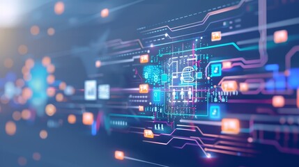 A futuristic digital circuit board with vibrant blue and pink lines, symbolizing advanced technology and data processing.