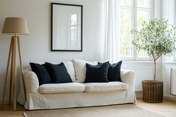 Fototapeta premium gallery wall frame mockup in in american style colorful living room, interior design, white sofa, black pillows, wood frame 