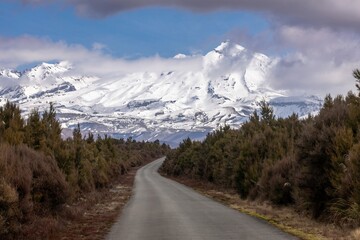 Fototapeta premium Mt Ruapehu and country road in the Tongariro National Park. Turangi, Waikato, New Zealand.