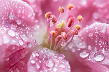 Close up of a pink flower with water droplets. Macro photography of nature