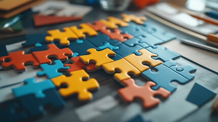 Colorful puzzle pieces scattered on a table, symbolizing creativity and problem-solving in a playful environment.