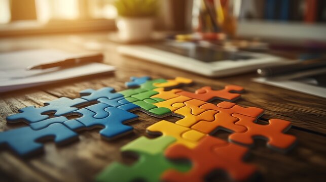 Colorful puzzle pieces scattered on a wooden table, symbolizing creativity and problem-solving in a bright workspace.