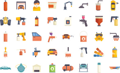 Variety of colorful icons depicting car painting services and equipment including cars, spray guns and respirators