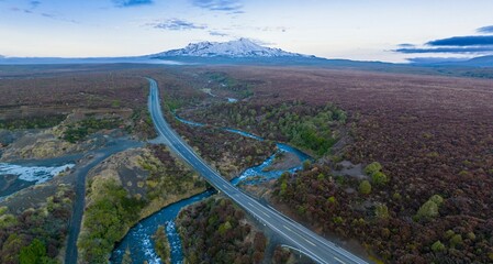Mt Ruapehu and desert road at sunrise in the Tongariro National Park, Turangi, Waikato, New Zealand.
