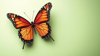 Fototapeta premium A single monarch butterfly with orange and black wings is on a soft green background.