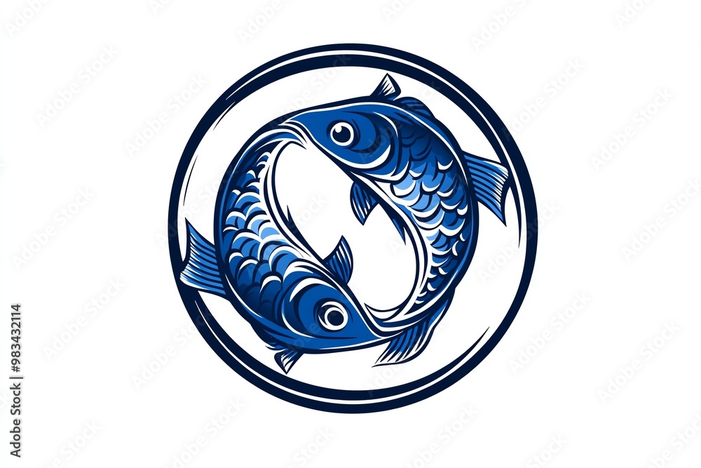 Poster minimal pisces fish, with two curved lines forming the iconic dual fish in a circular design