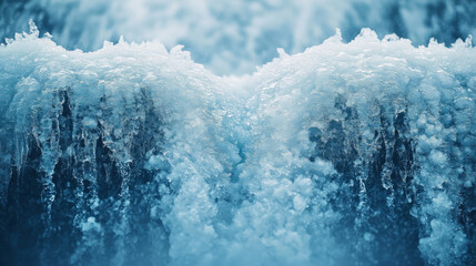 background featuring the dramatic texture of a frozen waterfall, with layers of icicles and frozen splashes, capturing the powerful yet serene beauty of nature in winter