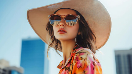 Fototapeta premium A woman in a floral shirt, sunglasses, and a wide-brimmed hat looks off to the side.